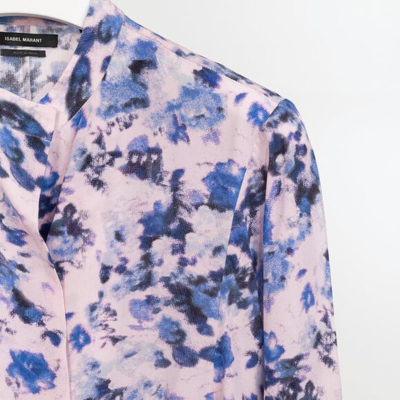 Isabel Marant Fidaje Blue Floral-Print Silk Crepe De Chine Gathered Blouse - Picture 5 of 10